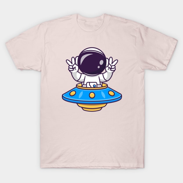 Cute Astronaut Riding UFO With Peace Sign Cartoon T-Shirt by Catalyst Labs